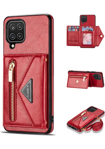 N. Samsung Galaxy A12 Için Bekus Pu Deri + Tpu Telefon Kılıfı, Zipper Card Tutucu Kickstand Kapak Uzun Kayışla - Kırmızı (Yurt Dışından)