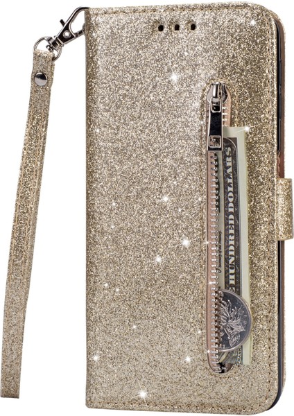 Glitter Pullar Deri Telefon Cüzdan Stand Kılıfı Kapak Samsung Galaxy S22 5g Için Fermuar Cep Tasarımı - Altın (Yurt Dışından) fiyatları