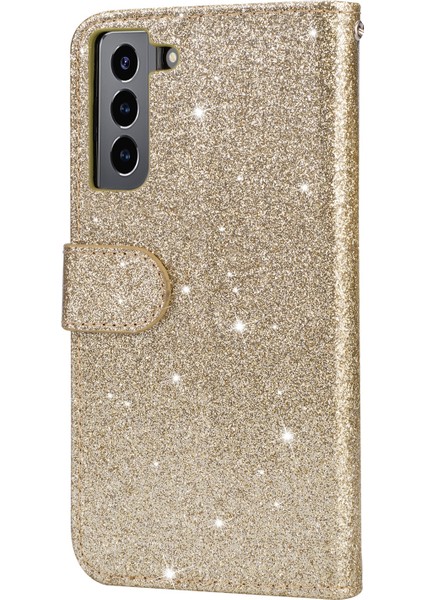 Glitter Pullar Deri Telefon Cüzdan Stand Kılıfı Kapak Samsung Galaxy S22 5g Için Fermuar Cep Tasarımı - Altın (Yurt Dışından) modelleri