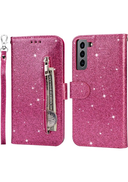 Glitter Pullar Deri Telefon Cüzdan Stand Kılıfı Kapak Samsung Galaxy S22 5g Için Fermuar Cep Tasarımı - Gül (Yurt Dışından)