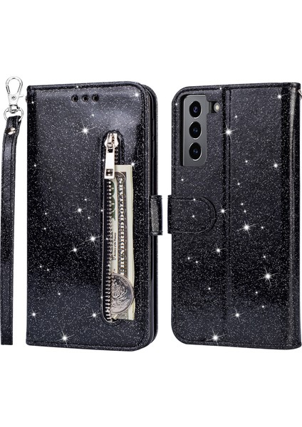 Glitter Pullar Deri Telefon Cüzdan Stand Kılıfı Kapak Samsung Galaxy S22 5g Için Fermuar Cep Tasarımı - Siyah (Yurt Dışından)