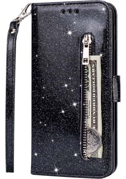 Glitter Pullar Deri Telefon Cüzdan Stand Kılıfı Kapak Samsung Galaxy S22 5g Için Fermuar Cep Tasarımı - Siyah (Yurt Dışından) fiyatları