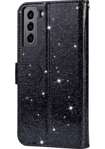Glitter Pullar Deri Telefon Cüzdan Stand Kılıfı Kapak Samsung Galaxy S22 5g Için Fermuar Cep Tasarımı - Siyah (Yurt Dışından) modelleri