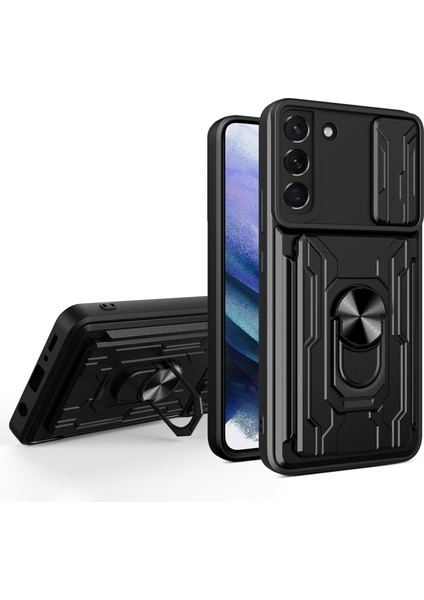 Samsung Galaxy S22 + 5g Için Anti-Çizgiye Döküm Geçirmez Araç Montaj Kickstand Kart Tutucu Pc + Tpu Slayt Lens Koruma Kılıfı - Siyah (Yurt Dışından)