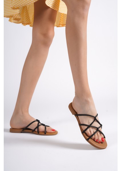 Hakiki Deri 23603-S Kadın Siyah Sandalet & Terlik modelleri