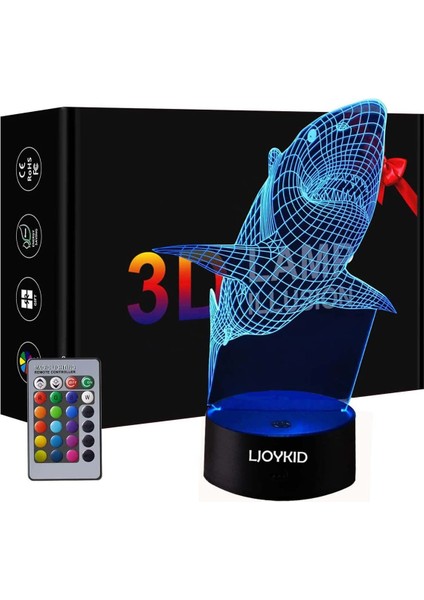 3D LED Gece Işığı Lambaları - Optical Illusion 7 Colo Shark (Yurt Dışından)