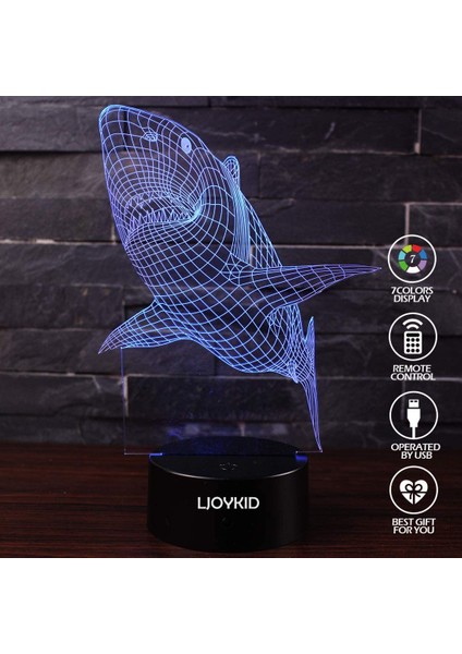 3D LED Gece Işığı Lambaları - Optical Illusion 7 Colo Shark (Yurt Dışından)
