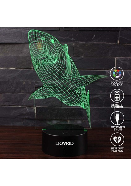 3D LED Gece Işığı Lambaları - Optical Illusion 7 Colo Shark (Yurt Dışından)