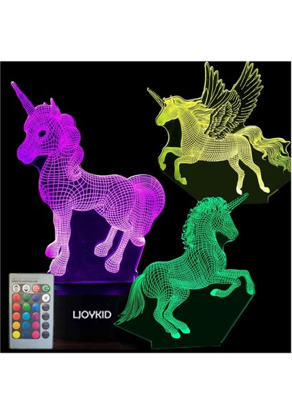 3 Adet 3D Tek Boynuzlu Gece Işığı——3d Tek Boynuzlu At La Ebeveyn (Yurt Dışından)