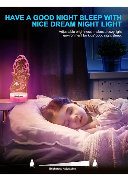 Çocuklar Için Unicorn Gece Lambası, 3D Gece 07-Sevimli Deniz Kızı (Yurt Dışından)