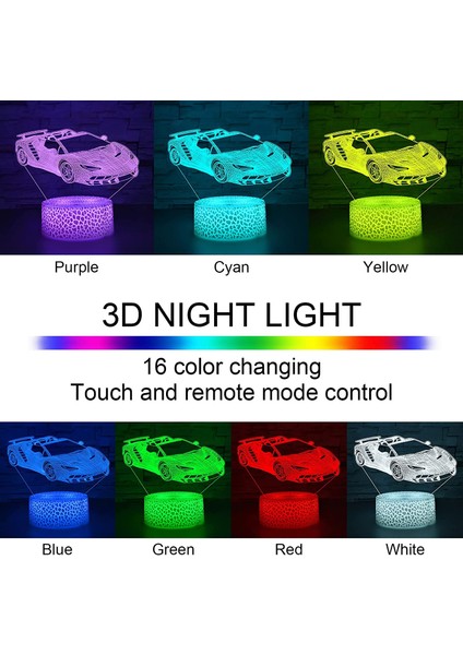 Çocuklar Için Kedi Hediye Kedi 3D Gece Lambası, 7 Co Spor Araba (Yurt Dışından)
