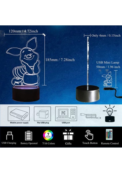 Winnie 3D LED Gece Lambası, Piglet 3D Acry Ebeveyn (Yurt Dışından)