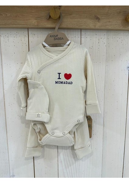 I Love Mom & Dad Çizgili Organik Kumaş 3'lü Unisex Bebek Şapka Zıbın Pantolon Takım