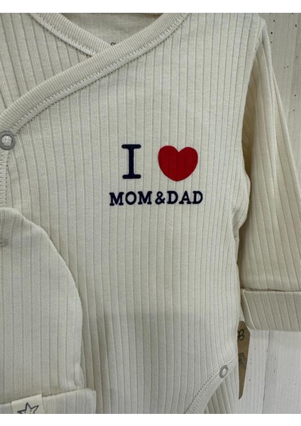 I Love Mom & Dad Çizgili Organik Kumaş 3'lü Unisex Bebek Şapka Zıbın Pantolon Takım