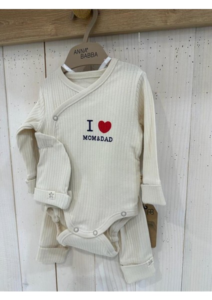 I Love Mom & Dad Çizgili Organik Kumaş 3'lü Unisex Bebek Şapka Zıbın Pantolon Takım