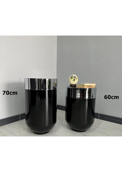 Dekoratif Krom Darbuka Parlak Siyah Saksı 70 cm + Sehpa 60 cm İkili Set