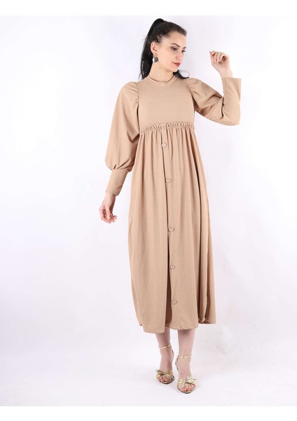 Önden Düğme Detaylı Elbise Bej