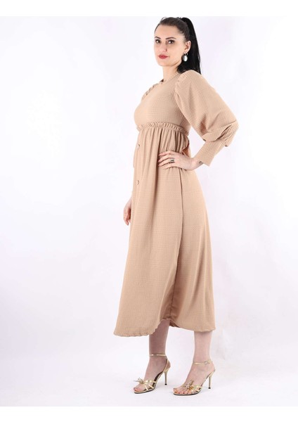 Önden Düğme Detaylı Elbise Bej modelleri