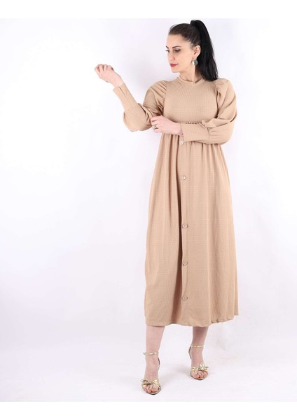 Önden Düğme Detaylı Elbise Bej indirimleri