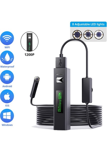 1200P Wifi Endoskop Kamera Su Geçirmez Muayene Yılan Mini Kamera 8leds USB 10 mt