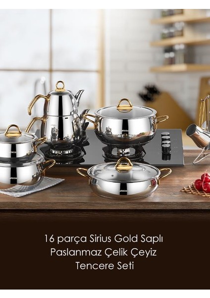 Sirius Gold Saplı İndüksiyon Tabanlı Paslanmaz Çelik 16 Parça Çeyiz Tencere Seti