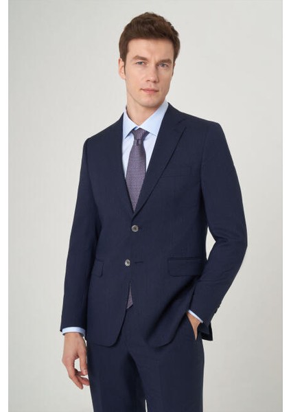 Modern Fit Mono Yaka 2 Düğmeli Çift Yırtmaçlı Lacivert Erkek Takım Elbise PTK22K22231_D39