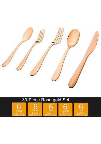 30 Adet Paslanmaz Çelik Ayna Cilalı 6 Kişilik Çatal Bıçak Seti (Pembe Altın) (Yurt Dışından) fiyatları