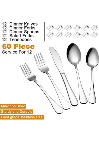 60pcs Paslanmaz Çelik Mutfak Yemek Sofra Seti (Parlak Gümüş) (Yurt Dışından) fiyatları