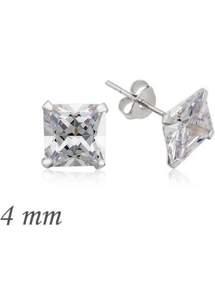 Gümüş Kare Tek Taş Zirkon Küpe - 4 Mm