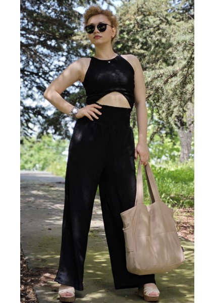 Halter Yaka Kolsuz Bluz Alt Bol Paça Pantolon Bürümcük Kumaş Takım