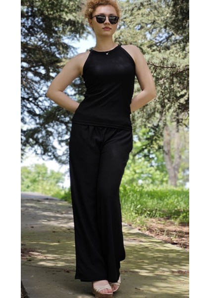 Halter Yaka Kolsuz Bluz Alt Bol Paça Pantolon Bürümcük Kumaş Takım fırsatları