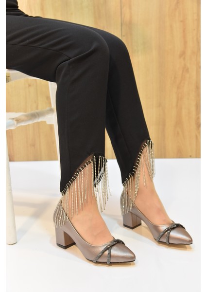 (Oc Shoes) Kalın Topuklu Taş Biye Desenlik Kadın Ayakkabı Platin fırsatları