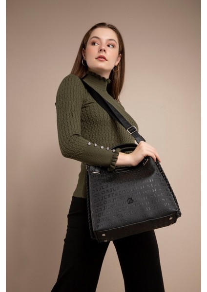 Büyük Boy Örgü Detaylı 4 Bölmeli Kadın Omuz Çantası 4031