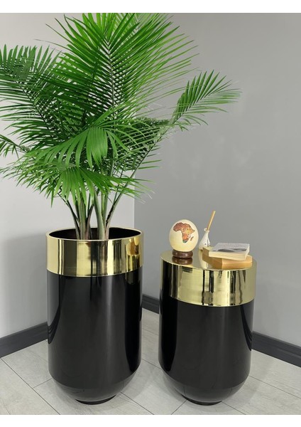 Dekoratif Gold Darbuka Parlak Siyah Saksı 70 cm + Sehpa 60 cm İkili Set