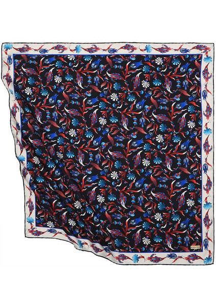 Siyah Türk Motifli Karanfil Lale Desen Ipeksi Eşarp