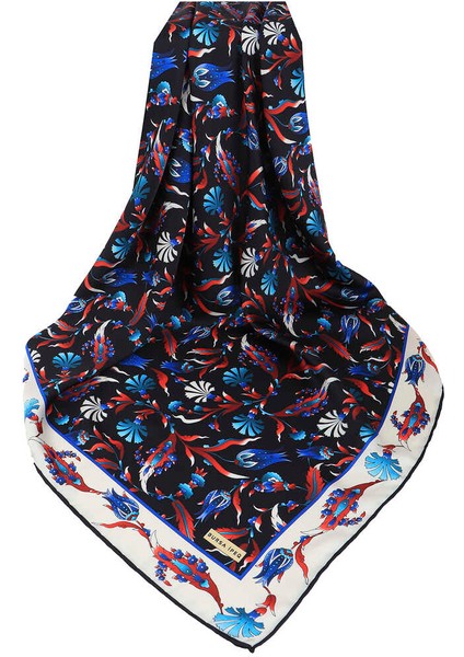 Siyah Türk Motifli Karanfil Lale Desen Ipeksi Eşarp modelleri