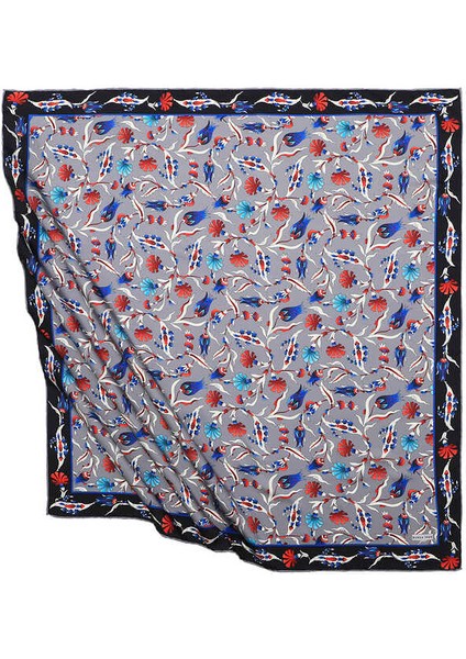 Gri Türk Motifli Karanfil Lale Desen Ipeksi Eşarp