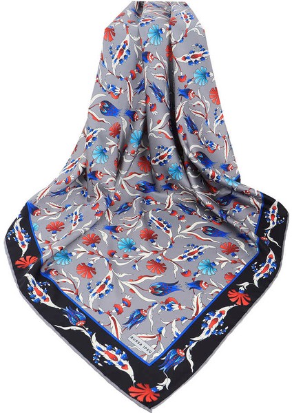 Gri Türk Motifli Karanfil Lale Desen Ipeksi Eşarp modelleri