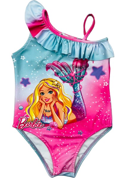 Kız Çocuk Çizgi Film Barbie Karakterli Tek Kol Fırfırlı Askılı Mayo Elsa Lol Mickey Baskı Yeni Sezon