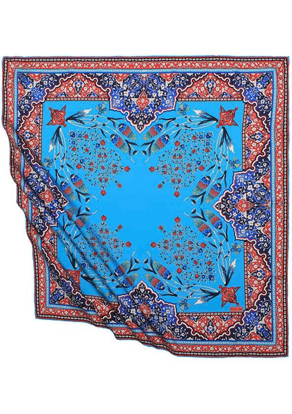 Turkuaz Türk Motifli Şamdan Lale Desen Ipeksi Eşarp