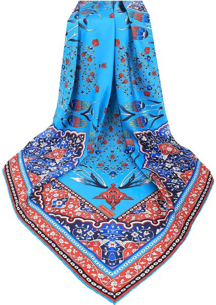Turkuaz Türk Motifli Şamdan Lale Desen Ipeksi Eşarp modelleri
