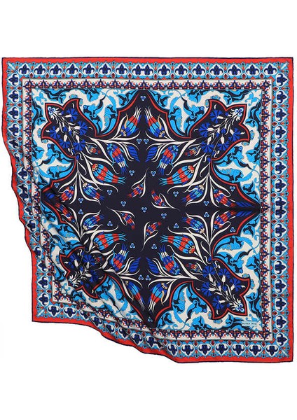 Lacivert Türk Motifli Çintemani Karanfil Desen Ipeksi Eşarp