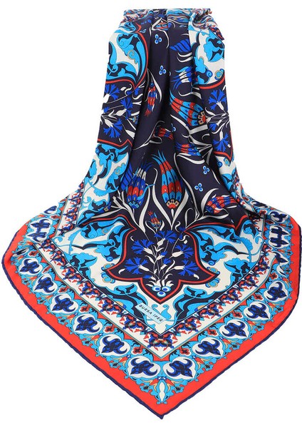 Lacivert Türk Motifli Çintemani Karanfil Desen Ipeksi Eşarp modelleri