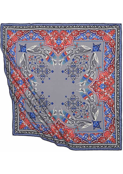 Gri Türk Motifli Şamdan Lale Desen Ipeksi Eşarp
