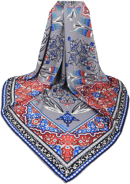 Gri Türk Motifli Şamdan Lale Desen Ipeksi Eşarp modelleri