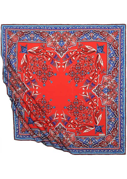 Kırmızı Türk Motifli Şamdan Lale Desen Ipeksi Eşarp