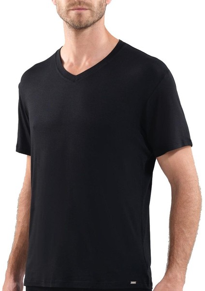 Silver V Yaka Kısa Kol Siyah T-Shirt 9308