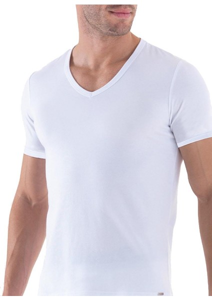 Silver V Yaka Kısa Kol Beyaz T-Shirt 9308