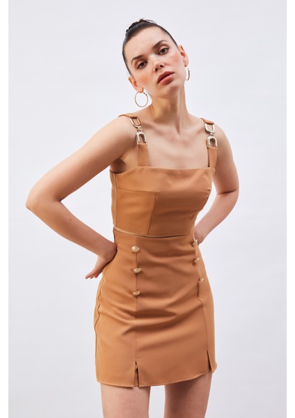 Omuz Aksesuarlı Crop Bluz - Camel fırsatları