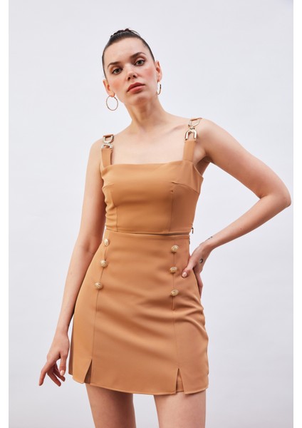 Omuz Aksesuarlı Crop Bluz - Camel modelleri